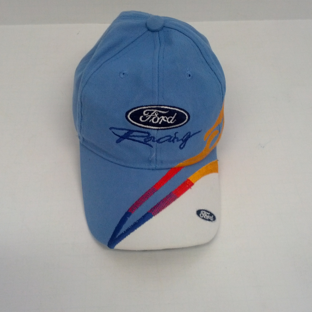 ford racing baseball cap hat light blue with flame